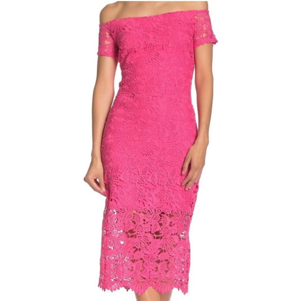 NWT Marina Hot pink crochet lace sheath dress off the shoulder